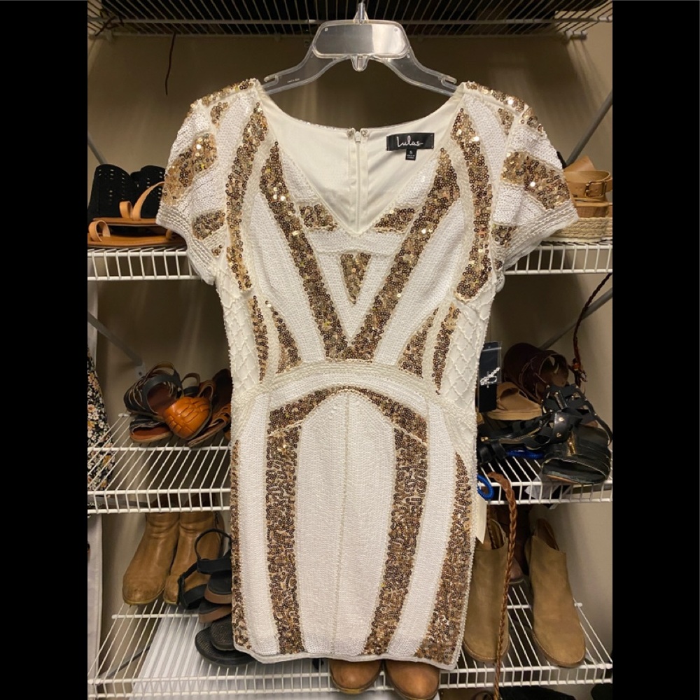 Lulus white and gold sequin dress NWT